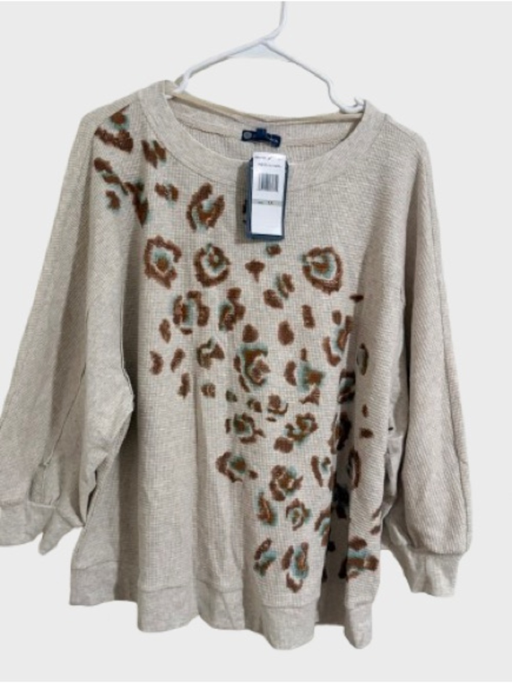 Democracy Beige Sweater with Brown and Teal Leopard Print